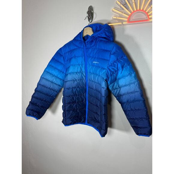 Kids Eddie Bauer Blue Ombré Lightweight Goose down Puffer Jacket Coat Hood L 14 - Picture 1 of 8